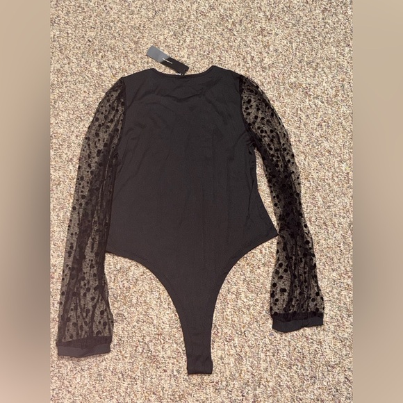 NWT size large Allegra K Black Bodysuit with Sheer Polka Dot Sleeves - Picture 3 of 5